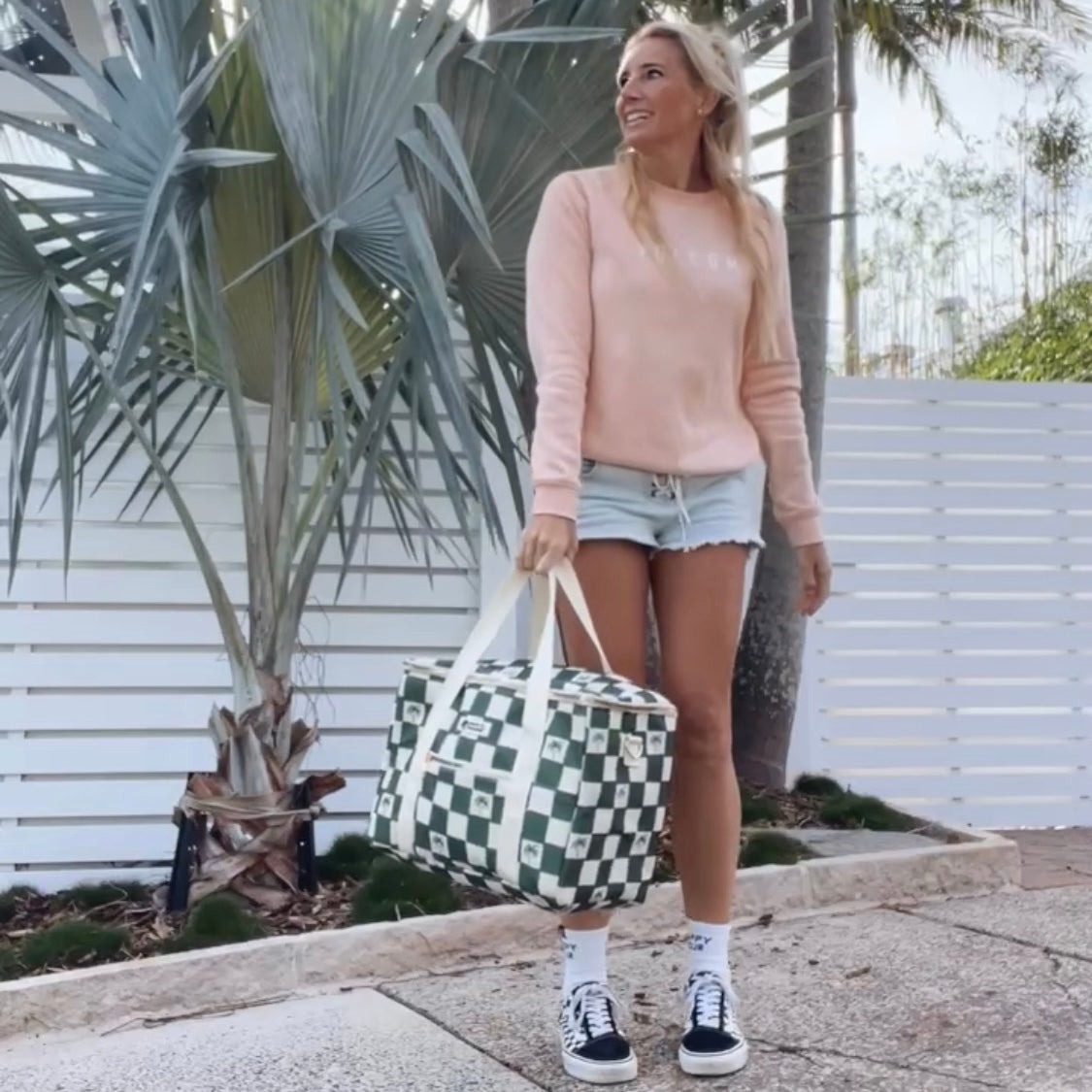 Bolso Enfriador Grande para Playa - Palmas Cuadros Verde Kale