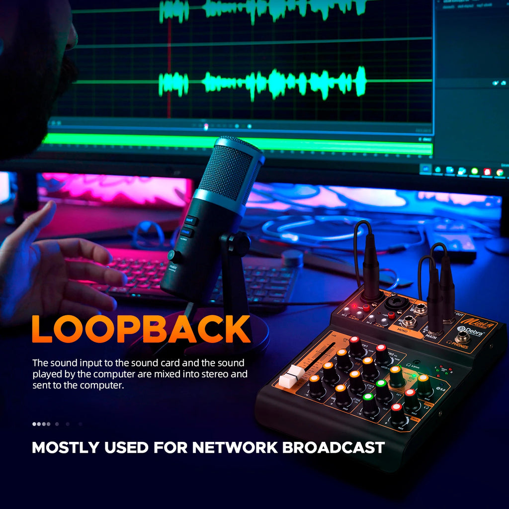 Debra Mini6 Audio Mixer DJ Console Bluetooth 5.0 OTG Reverb 48V Sound Card For Live Broadcast PC Recording