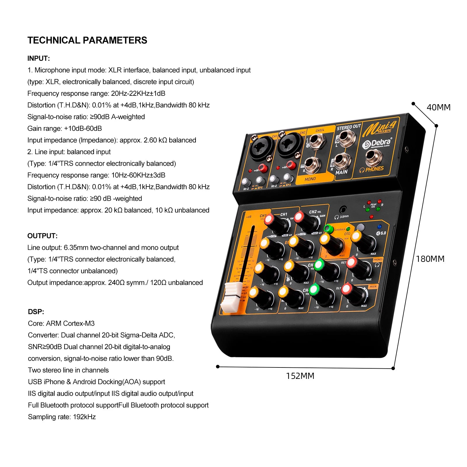 Debra Mini6 Audio Mixer DJ Console Bluetooth 5.0 OTG Reverb 48V Sound Card For Live Broadcast PC Recording