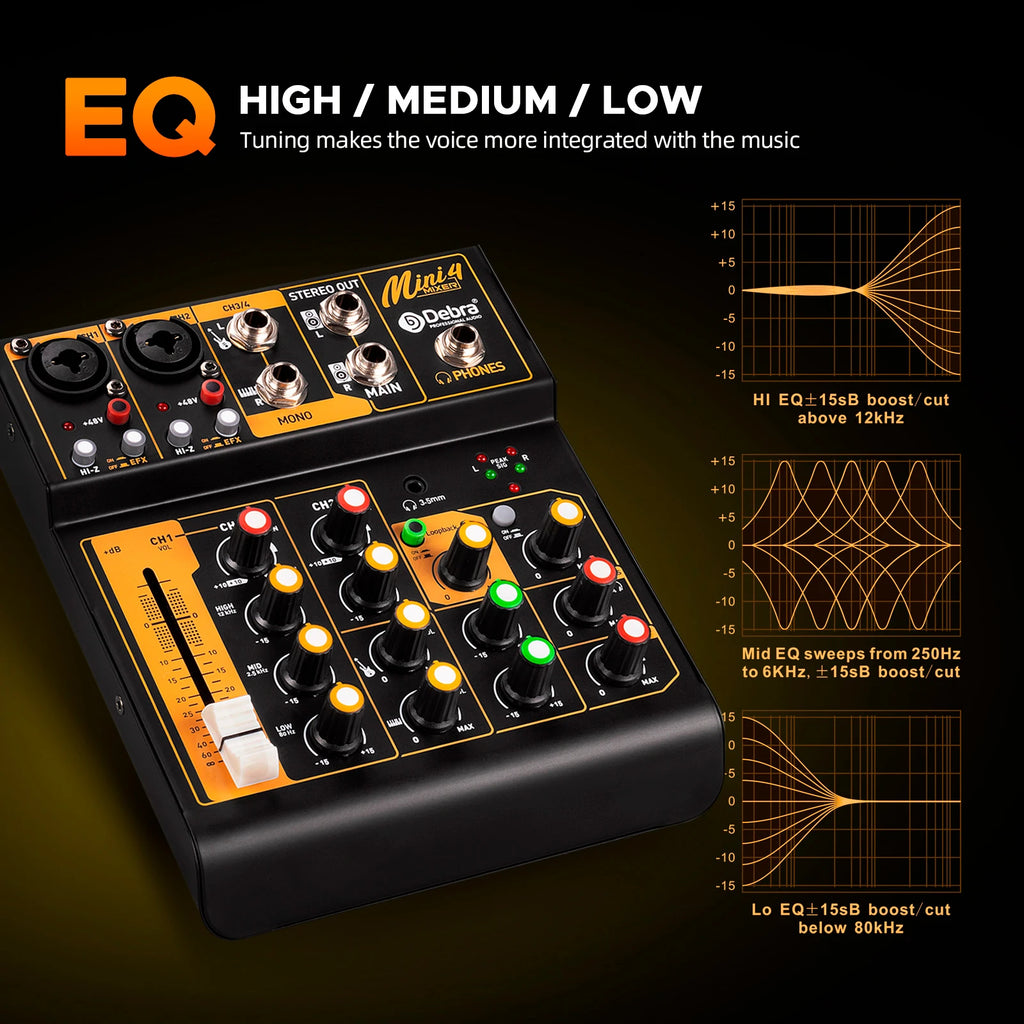 Debra Mini6 Audio Mixer DJ Console Bluetooth 5.0 OTG Reverb 48V Sound Card For Live Broadcast PC Recording