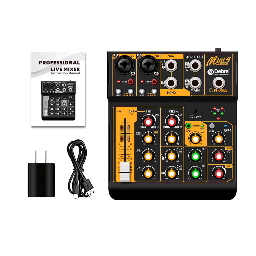Debra Mini6 Audio Mixer DJ Console Bluetooth 5.0 OTG Reverb 48V Sound Card For Live Broadcast PC Recording