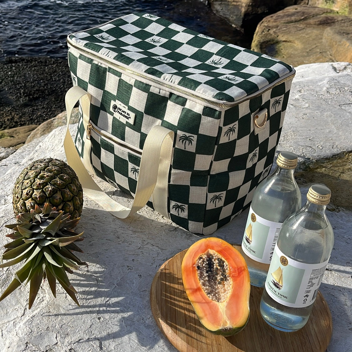 Bolso Enfriador Grande para Playa - Palmas Cuadros Verde Kale