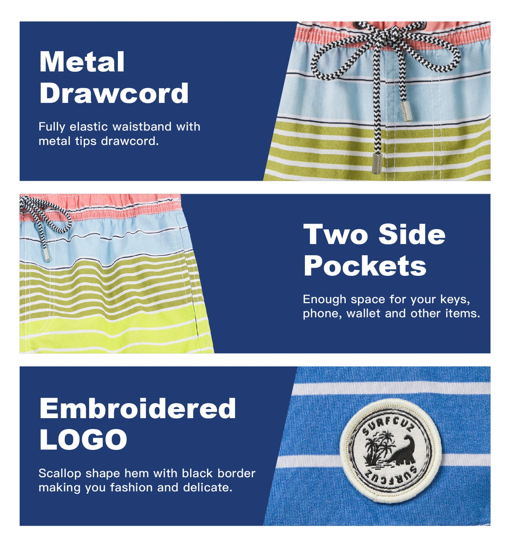 SURFCUZ Mens Swim Shorts Striped Quick Dry Beach Board Shorts with Mesh Lining Summer Male Swimwear Swimming Trunks for Men