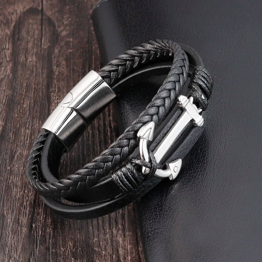 Punk Stainless Steel Anchor Bracelets Genuine Leather Bracelet & Bangles for Men Jewelry Black Color Fashion Gift
