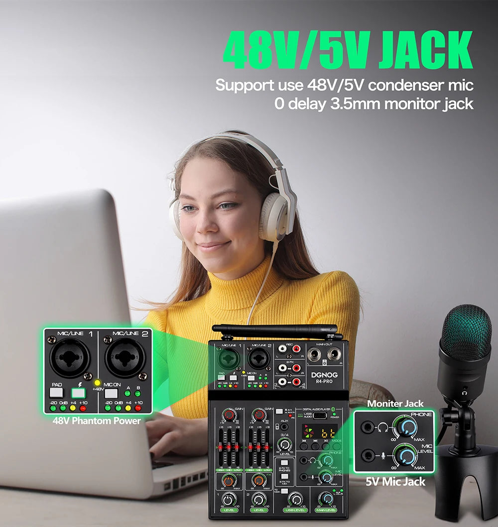 DGNOG 4 Channel Audio Mixer USB Mixer Bluetooth Console with Wireless Microphone DJ Mixer for Party Karaoke Machine Sound Bar