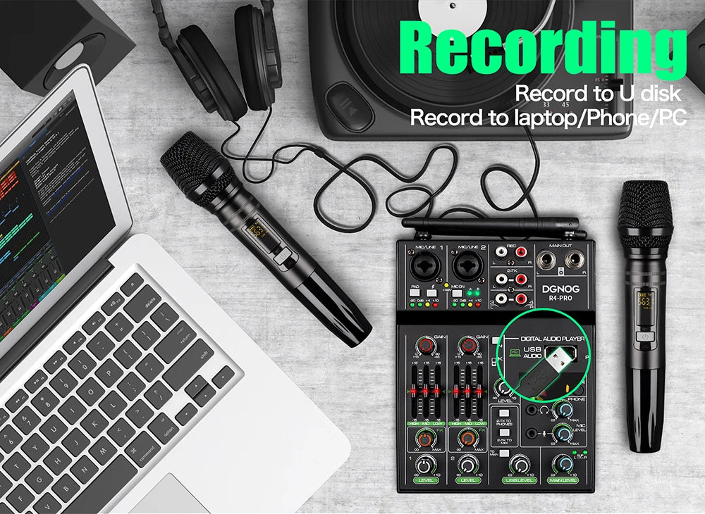 DGNOG 4 Channel Audio Mixer USB Mixer Bluetooth Console with Wireless Microphone DJ Mixer for Party Karaoke Machine Sound Bar