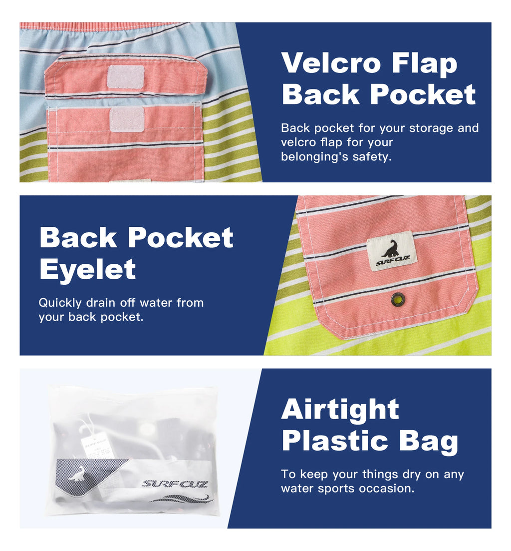 SURFCUZ Mens Swim Shorts Striped Quick Dry Beach Board Shorts with Mesh Lining Summer Male Swimwear Swimming Trunks for Men