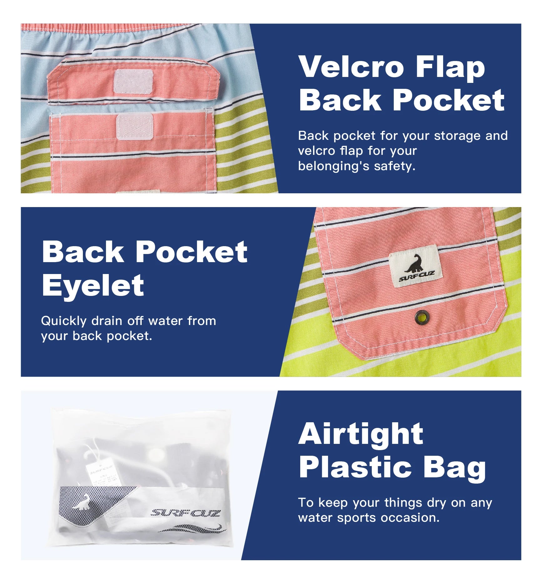 SURFCUZ Mens Swim Shorts Striped Quick Dry Beach Board Shorts with Mesh Lining Summer Male Swimwear Swimming Trunks for Men