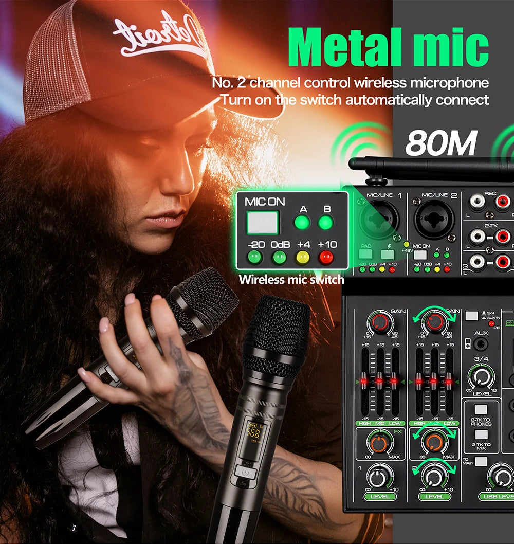 DGNOG 4 Channel Audio Mixer USB Mixer Bluetooth Console with Wireless Microphone DJ Mixer for Party Karaoke Machine Sound Bar