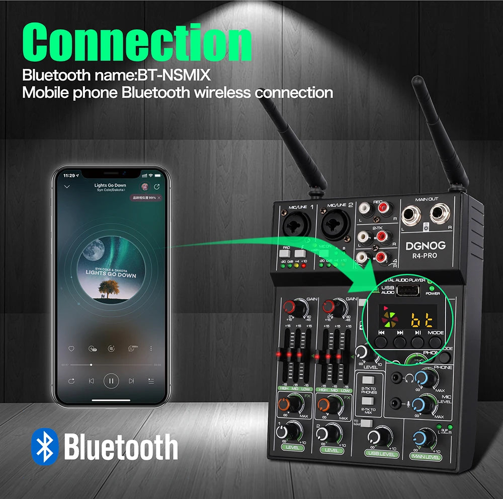 DGNOG 4 Channel Audio Mixer USB Mixer Bluetooth Console with Wireless Microphone DJ Mixer for Party Karaoke Machine Sound Bar