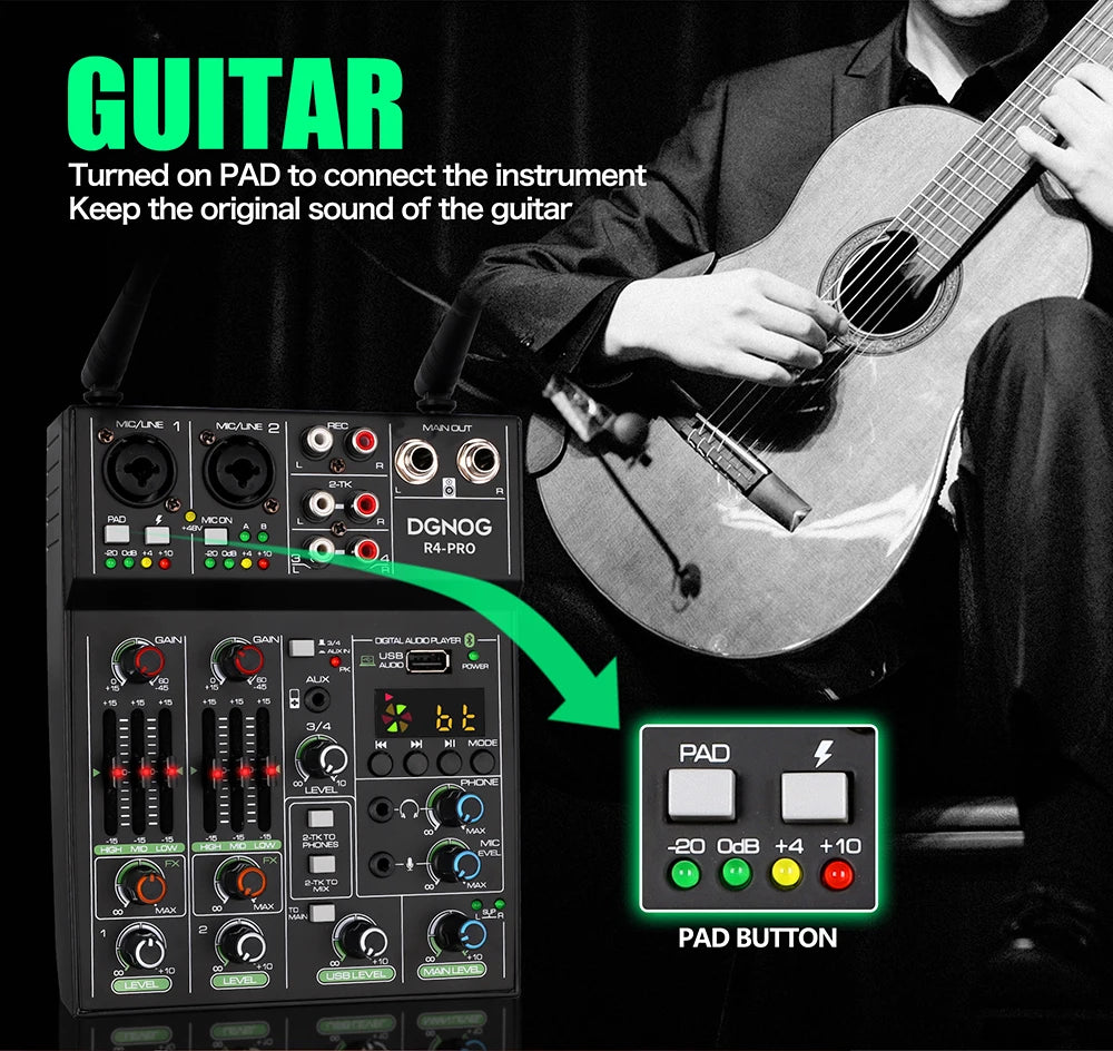 DGNOG 4 Channel Audio Mixer USB Mixer Bluetooth Console with Wireless Microphone DJ Mixer for Party Karaoke Machine Sound Bar