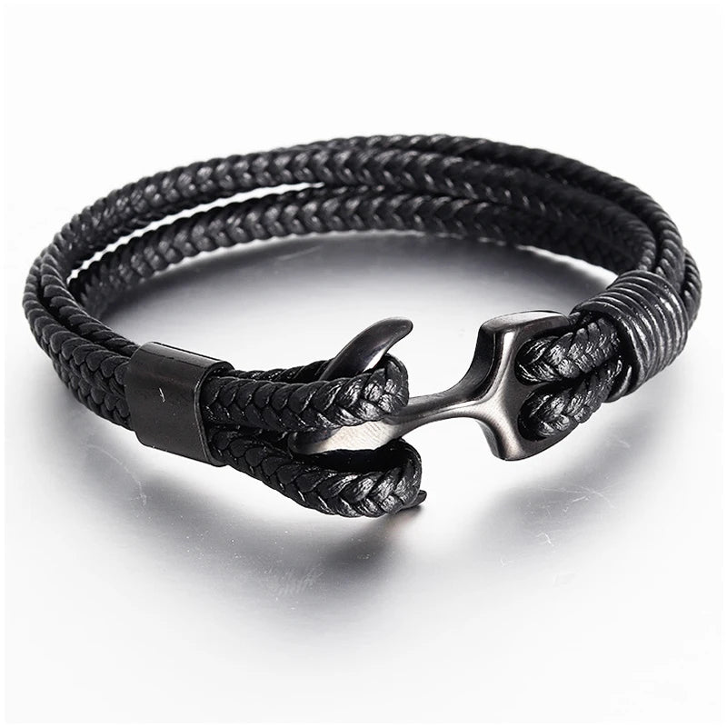 Punk Stainless Steel Anchor Bracelets Genuine Leather Bracelet & Bangles for Men Jewelry Black Color Fashion Gift