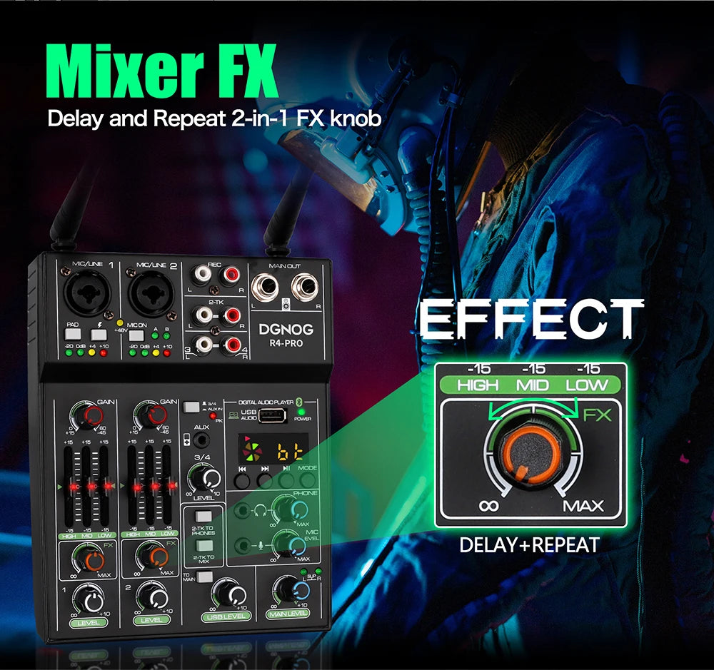 DGNOG 4 Channel Audio Mixer USB Mixer Bluetooth Console with Wireless Microphone DJ Mixer for Party Karaoke Machine Sound Bar
