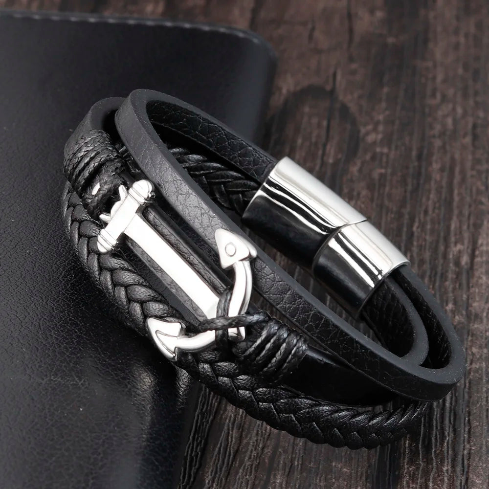 Punk Stainless Steel Anchor Bracelets Genuine Leather Bracelet & Bangles for Men Jewelry Black Color Fashion Gift