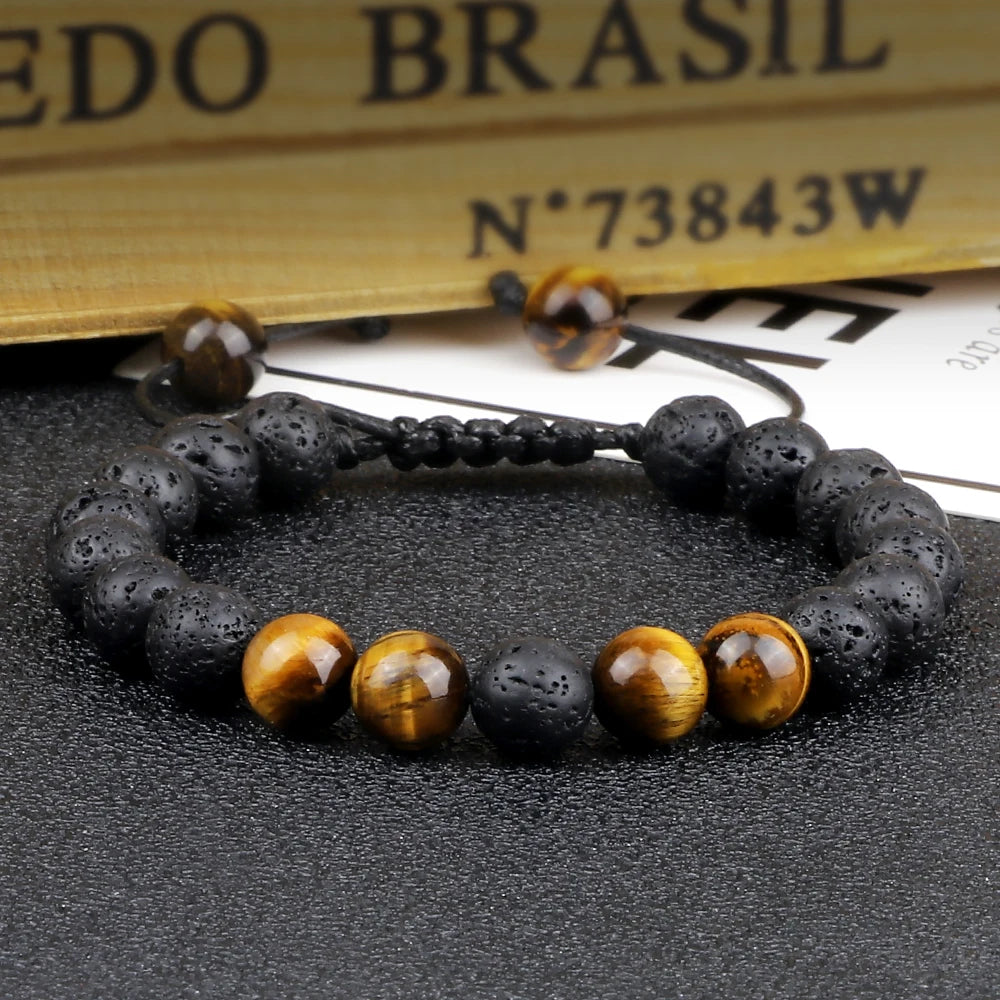 8mm Men Bracelets Black Lava Beads Bracelet Tiger Eye Adjustable Braided Rope Bangles Couple Distance Women Yoga Healing Jewelry