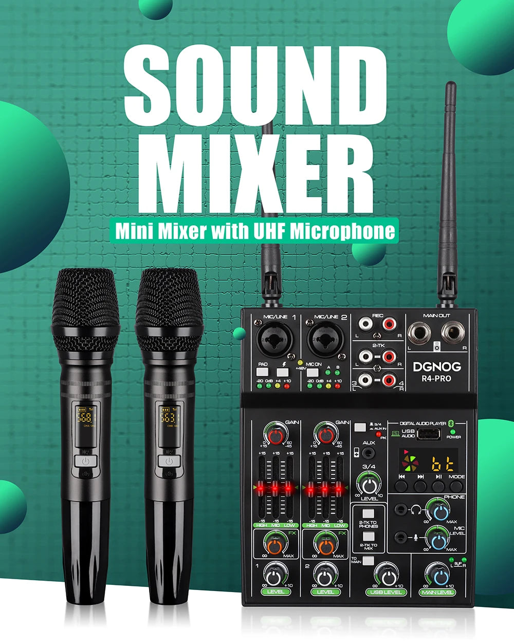 DGNOG 4 Channel Audio Mixer USB Mixer Bluetooth Console with Wireless Microphone DJ Mixer for Party Karaoke Machine Sound Bar