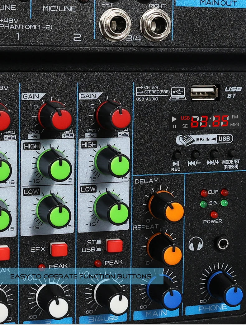 4 Channel Mixer DJ Mixing Console with Bluetooth 48V Phantom Power Monitor Karaoke System USB Mixer Audio