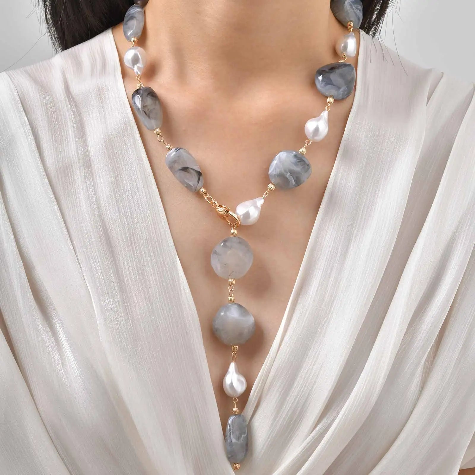 Vnox Chunky Irregular Beaded Necklace For Women, Two-color Winter Sweater Chain, Collarbone Neck Accessories