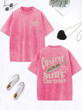 Coastal Surf Catch The Wave California Prints Washed T-Shirt Women Cotton Oversize Tops Distressed O-Neck T Shirt Summer Clothes