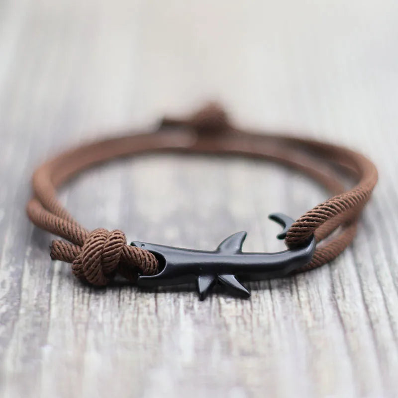 New Nautical Bracelet Men Black Shark Braslet Sliding Adjustable 3mm Milan Cord Chain Summer Beach Surfer Jewelry Accessories