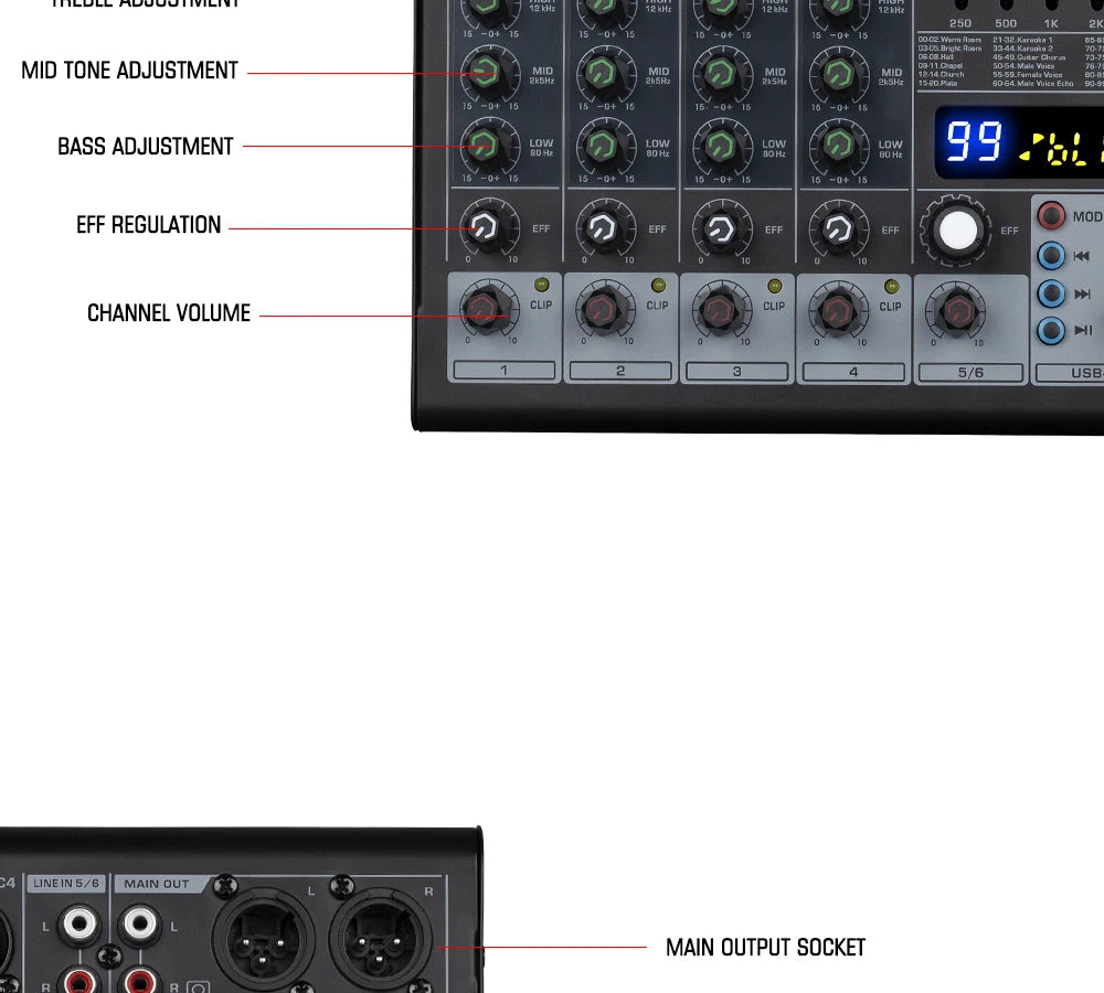 6 Channel Audio DJ Mixer Individual 48V Output 7 Band EQ 99 Effect USB Bluetooth Play Sound Mixing Console