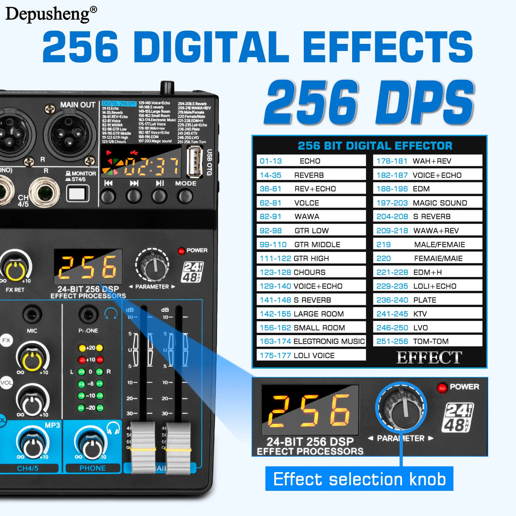 USB Mixer 5 Channel Depusheng DJ Sound Controller Mini Mixer Professional Audio Portable Sound Mixing Console with 256 DSP