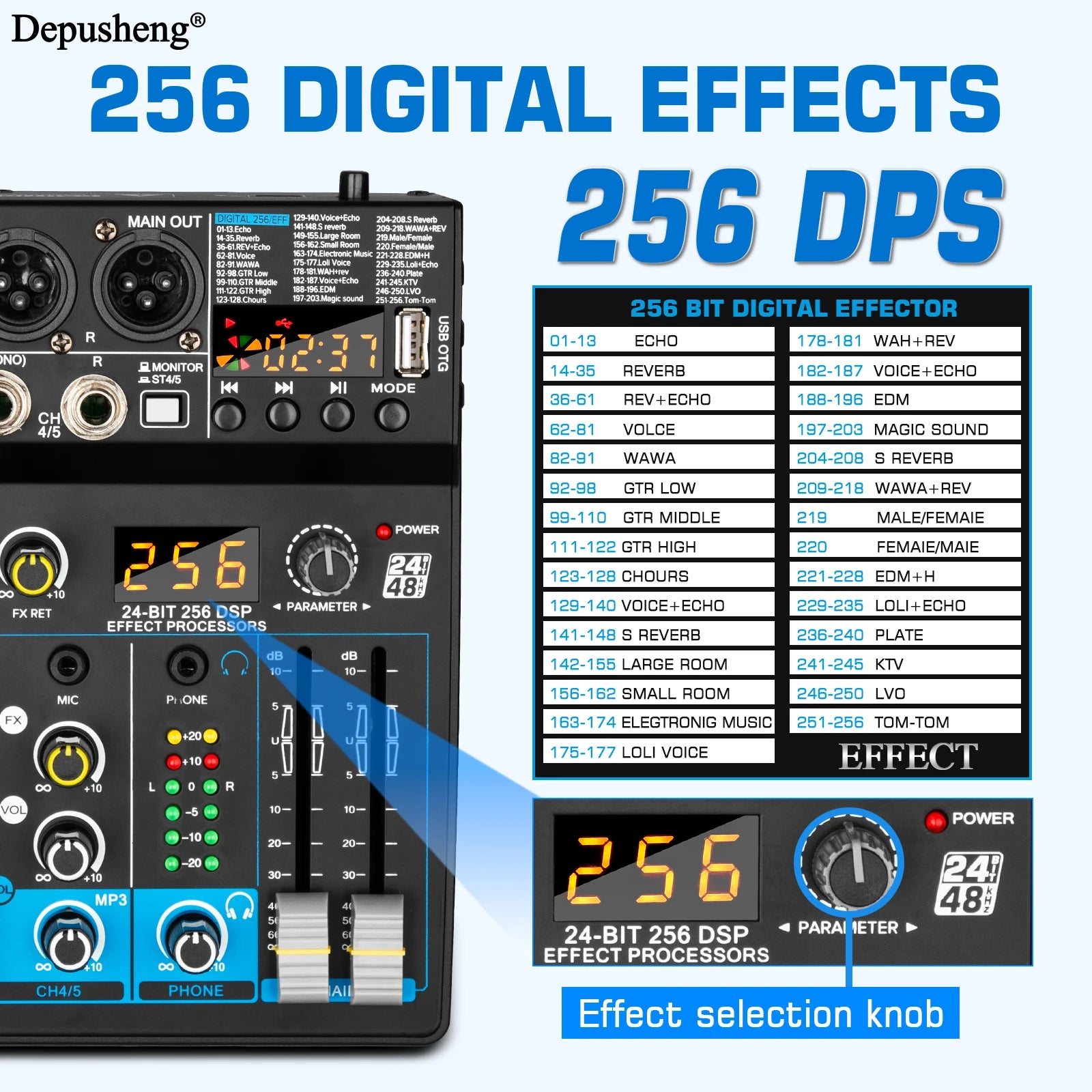 USB Mixer 5 Channel Depusheng DJ Sound Controller Mini Mixer Professional Audio Portable Sound Mixing Console with 256 DSP
