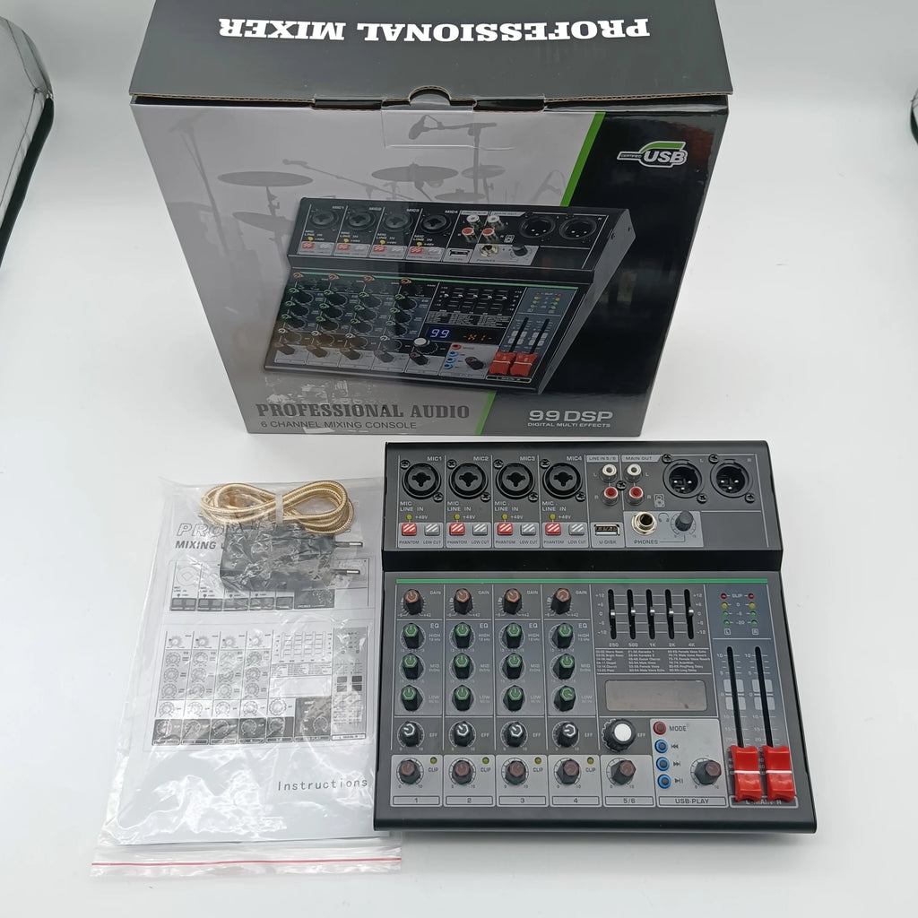 6 Channel Audio DJ Mixer Individual 48V Output 7 Band EQ 99 Effect USB Bluetooth Play Sound Mixing Console