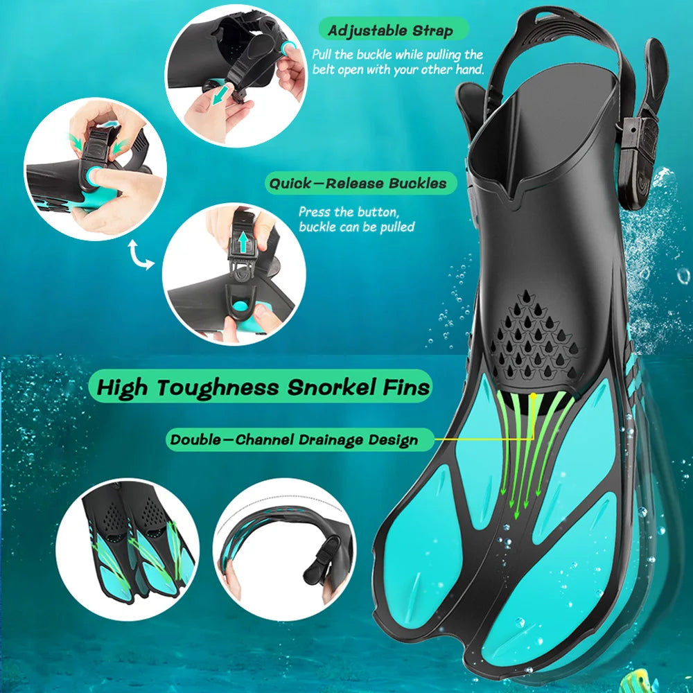 Snorkel Fins Swimming Flippers Adjustable Buckles Short Silicone Scuba Diving Shoes Open Heel Travel Size Adult Men Womens