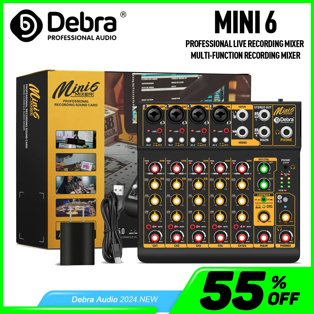 Debra Mini6 Audio Mixer DJ Console Bluetooth 5.0 OTG Reverb 48V Sound Card For Live Broadcast PC Recording