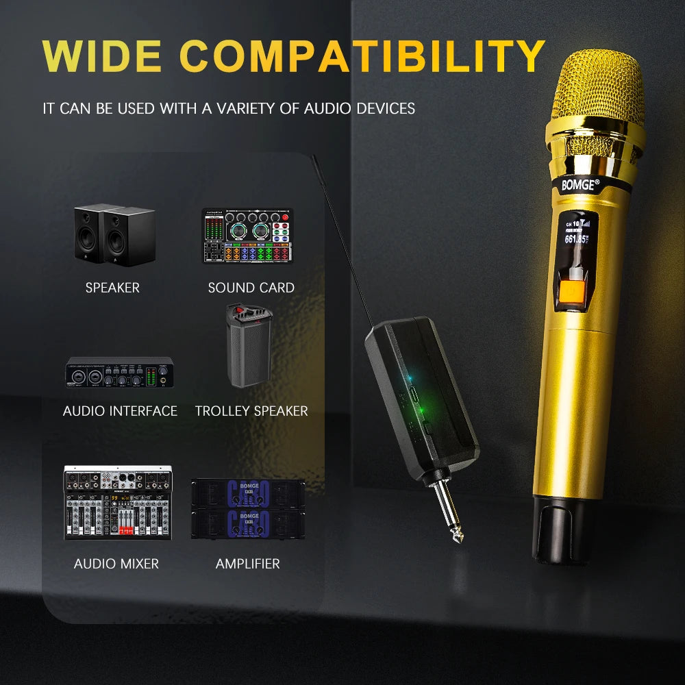 Professional 2 Channel DJ Karaoke Wireless Microphone System With Bright golden mic Wireless Rechargeable Receiver for Party DJ