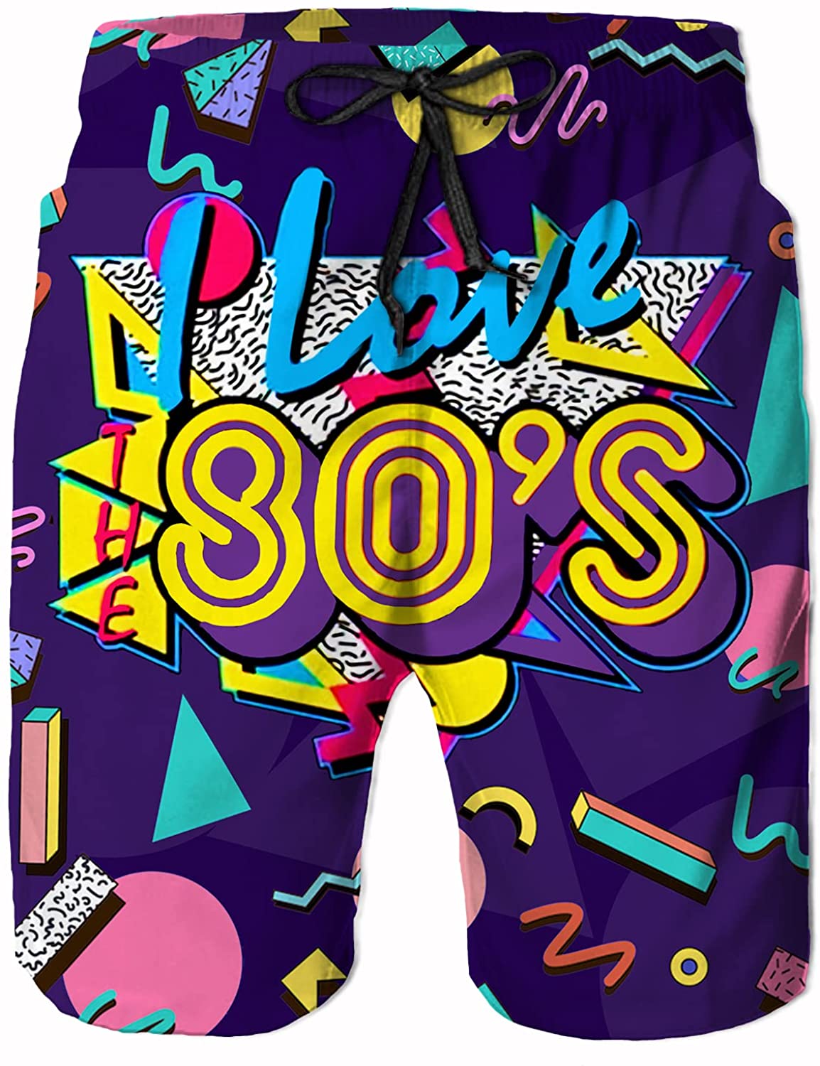 Funny Retro 80s 90s Icons Mens Swim Trunks Quick Dry Beach Board Shorts Summer Surf Boardshorts with Side Pockets High Quality