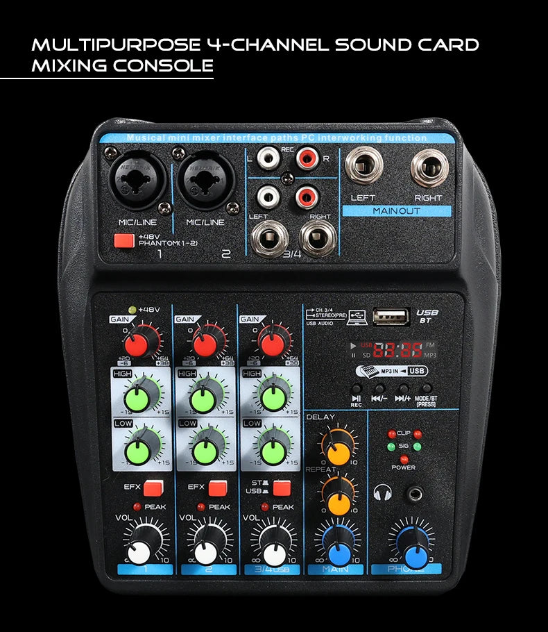 4 Channel Mixer DJ Mixing Console with Bluetooth 48V Phantom Power Monitor Karaoke System USB Mixer Audio