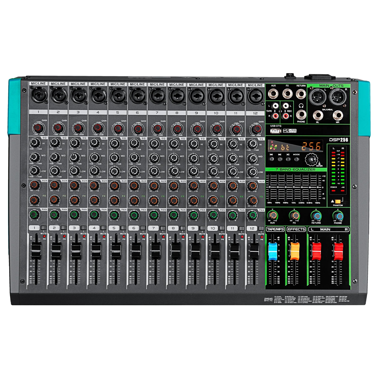 Professional 12 Channel 99 DSP Audio Mixer DJ Controller Reverb Recording Mixing With Bluetooth For Recording Stage Performance