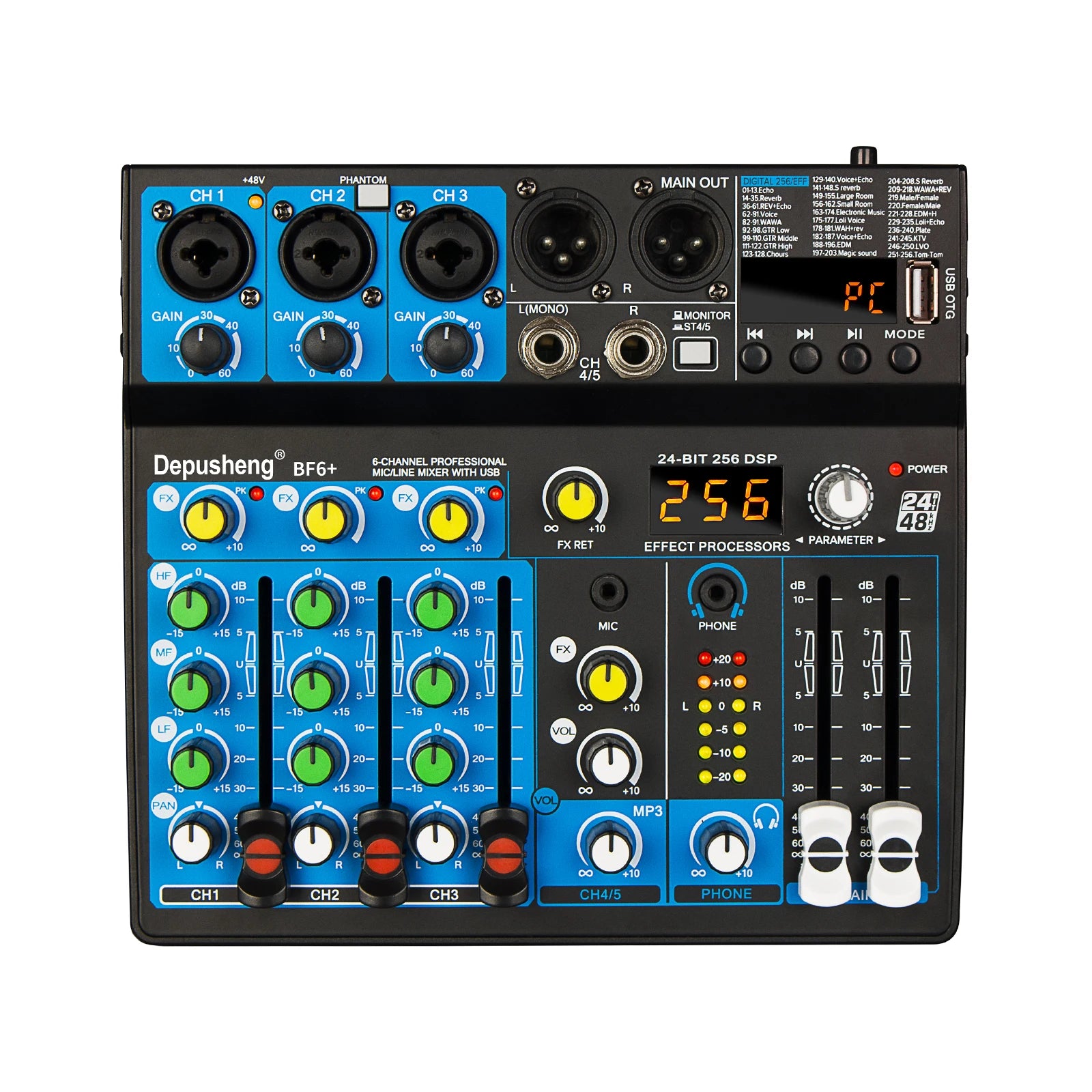 5 Channel USB Mixer Depusheng  DJ Sound Controller Mini Mixer Professional Audio Portable Sound Mixing Console with 256 DSP