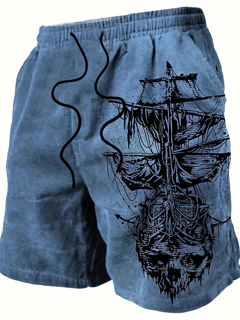 Retro Pirate Ship Graphic Beach Shorts For Men Summer Vintage 3D Printed Short Pants Fashion Streetwear Oversized Board Shorts