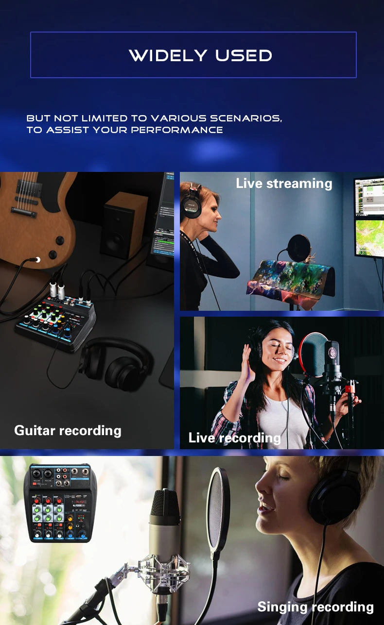 4 Channel Mixer DJ Mixing Console with Bluetooth 48V Phantom Power Monitor Karaoke System USB Mixer Audio