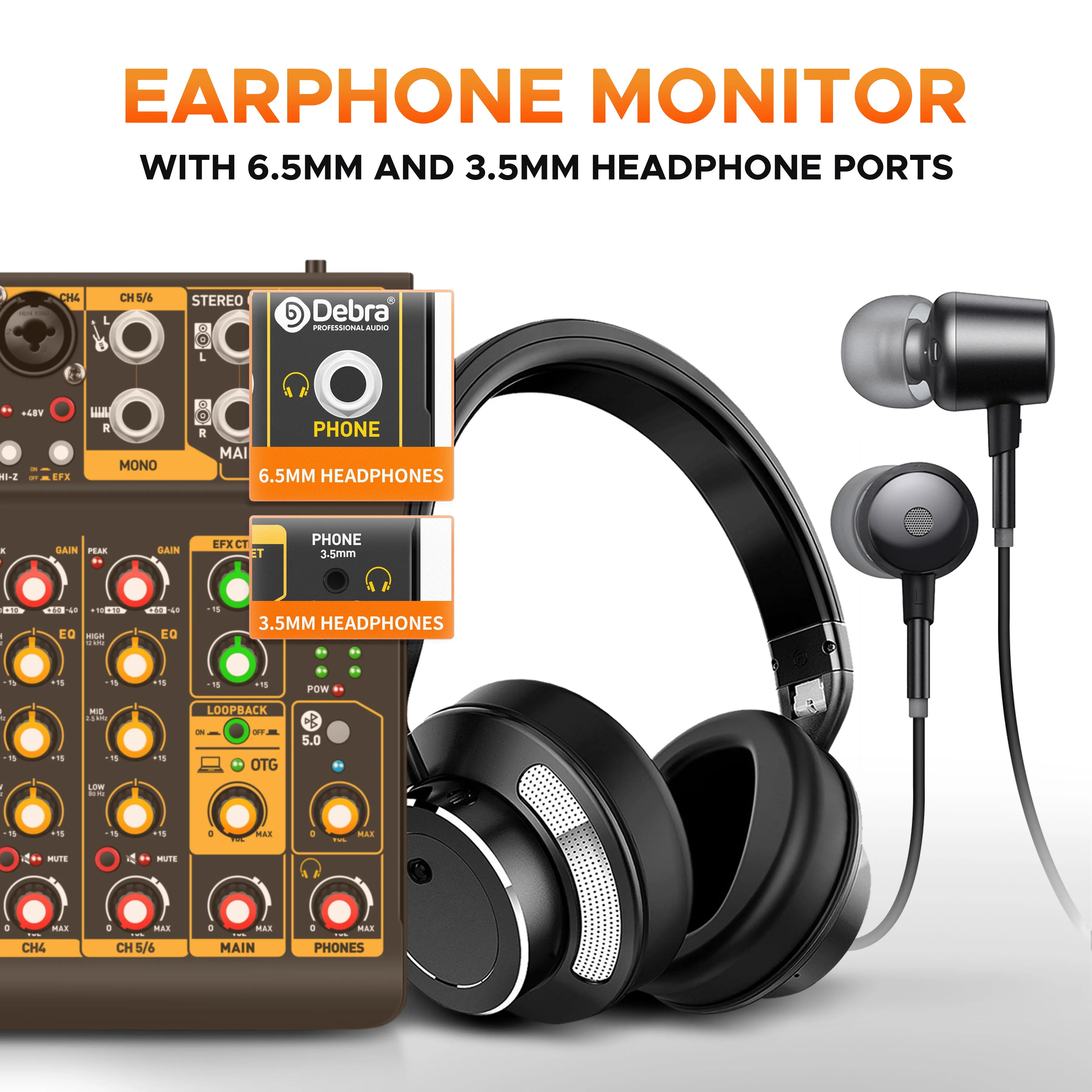 Debra Mini6 Audio Mixer DJ Console Bluetooth 5.0 OTG Reverb 48V Sound Card For Live Broadcast PC Recording