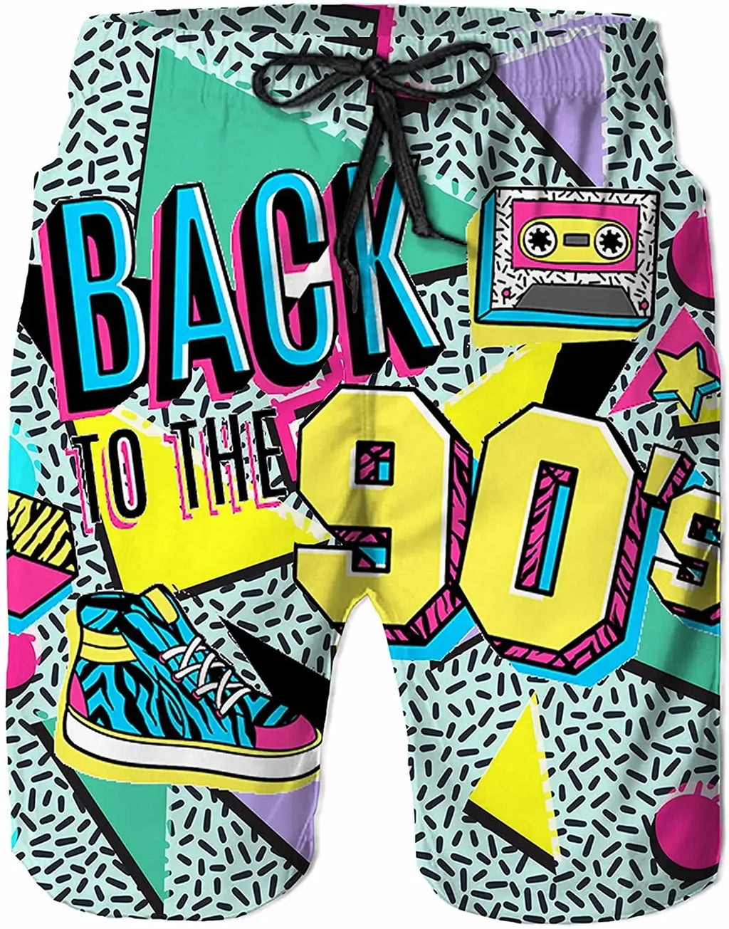 Funny Retro 80s 90s Icons Mens Swim Trunks Quick Dry Beach Board Shorts Summer Surf Boardshorts with Side Pockets High Quality