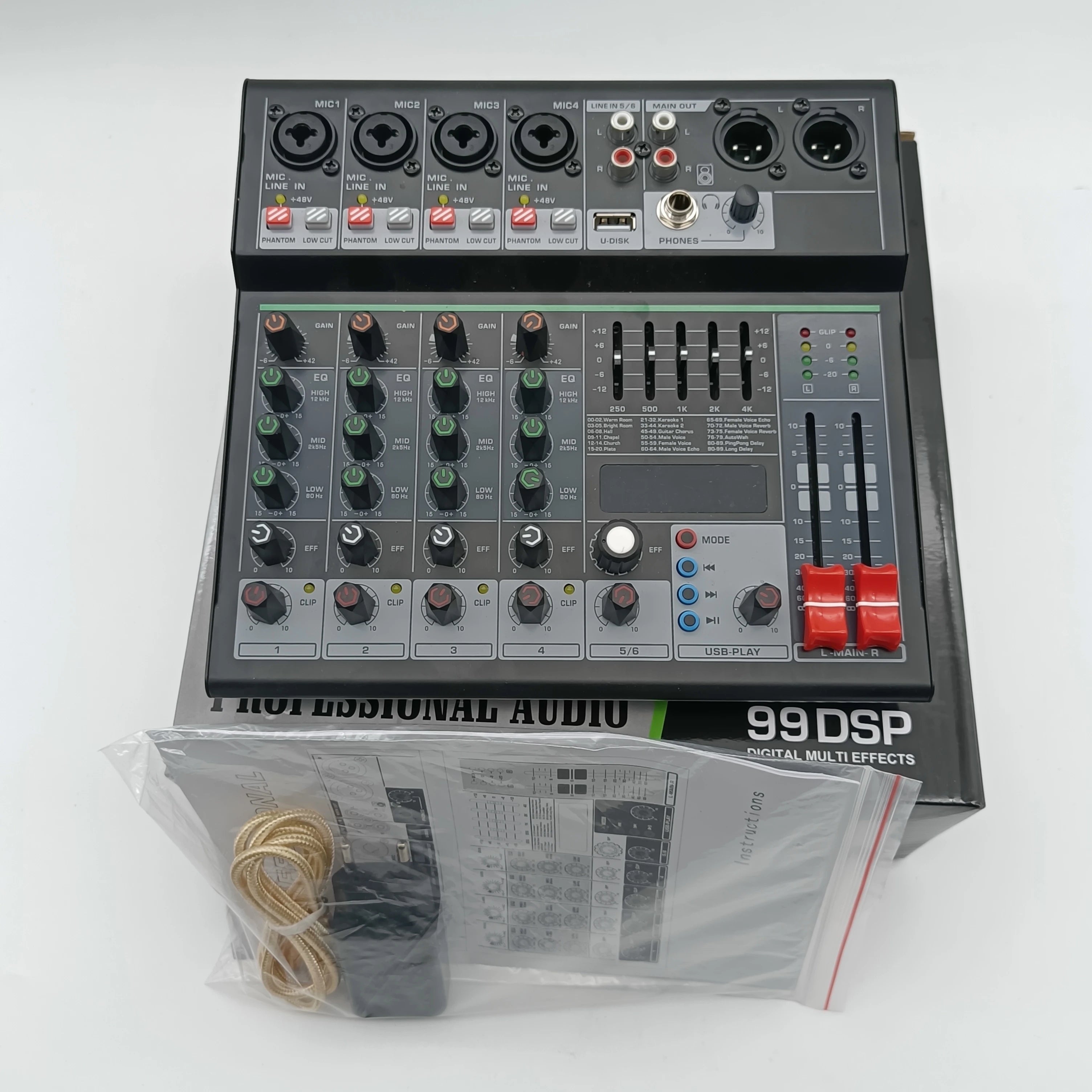 6 Channel Audio DJ Mixer Individual 48V Output 7 Band EQ 99 Effect USB Bluetooth Play Sound Mixing Console