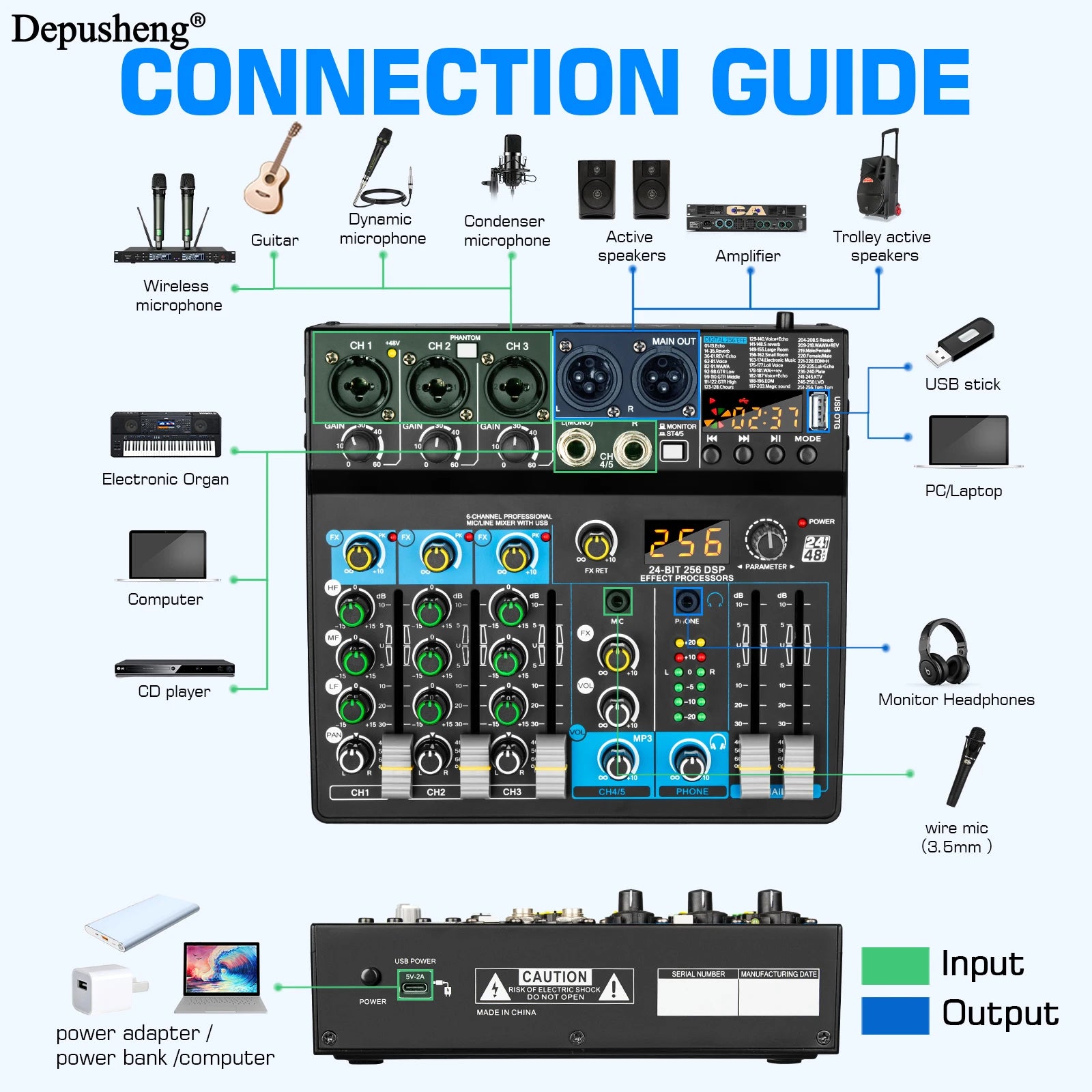 USB Mixer 5 Channel Depusheng DJ Sound Controller Mini Mixer Professional Audio Portable Sound Mixing Console with 256 DSP