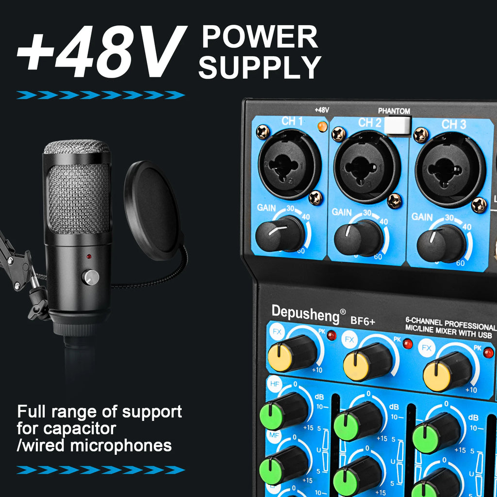 5 Channel USB Mixer Depusheng  DJ Sound Controller Mini Mixer Professional Audio Portable Sound Mixing Console with 256 DSP