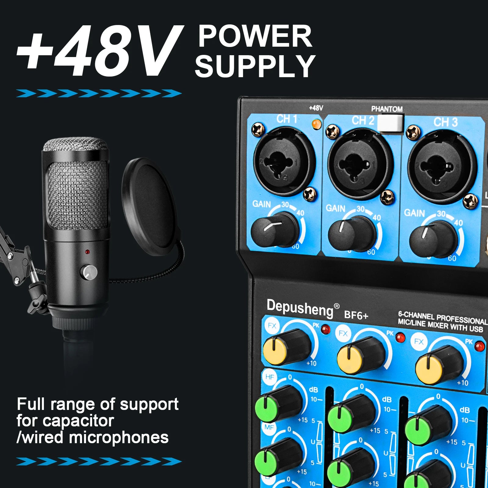 5 Channel USB Mixer Depusheng  DJ Sound Controller Mini Mixer Professional Audio Portable Sound Mixing Console with 256 DSP