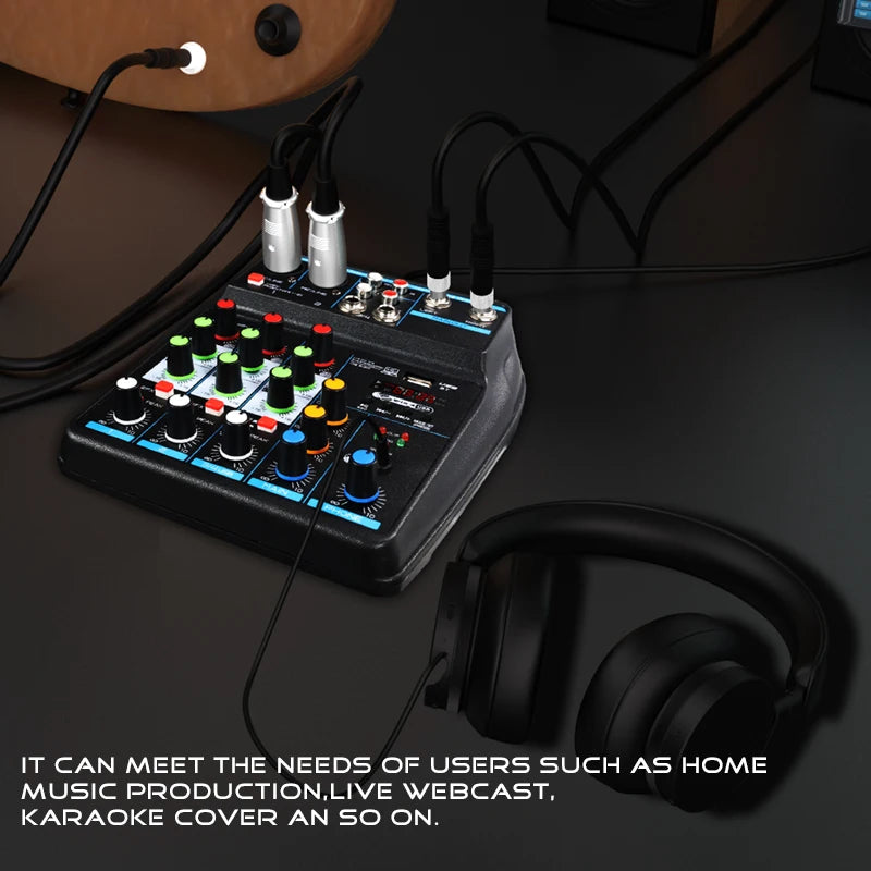 4 Channel Mixer DJ Mixing Console with Bluetooth 48V Phantom Power Monitor Karaoke System USB Mixer Audio