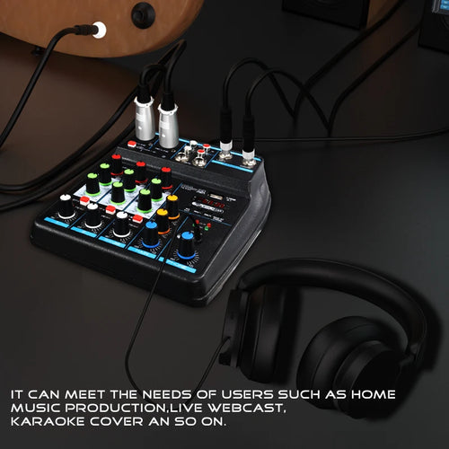 4 Channel Mixer DJ Mixing Console with Bluetooth 48V Phantom Power Monitor Karaoke System USB Mixer Audio