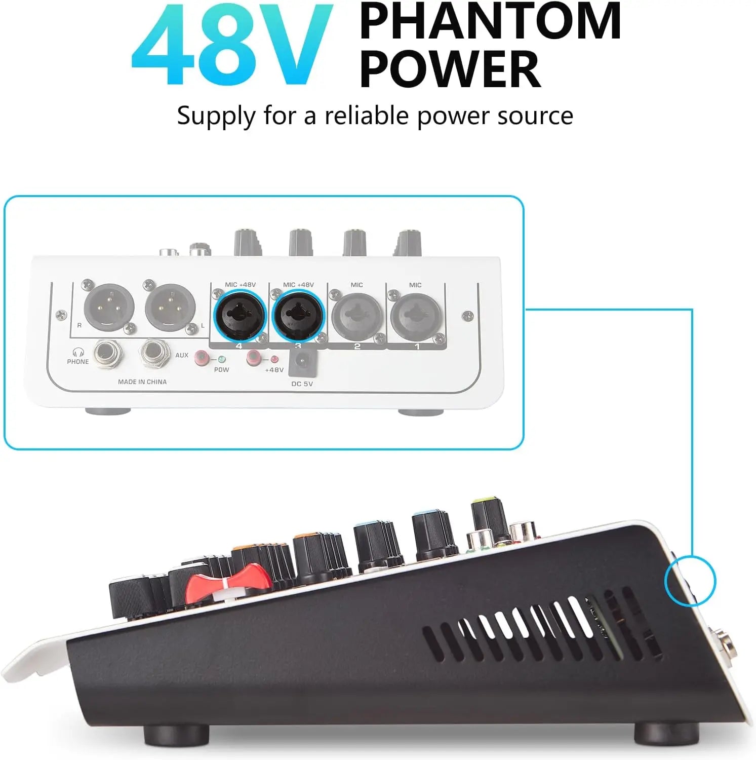 Audio Mixer 6 Channel DJ Mixer Sound Board Console with USB MP3 Bluetooth Input 48V For Live Performance Home Stage Karaoke