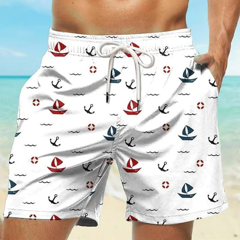 Men's Boat Printed Surfing Short Pants Travel Holiday Beach Shorts Outdoor Activities Quick Drying Breathable Male Swimming Wear