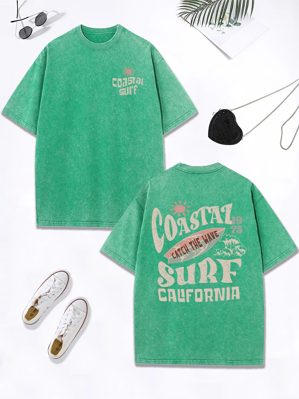Coastal Surf Catch The Wave California Prints Washed T-Shirt Women Cotton Oversize Tops Distressed O-Neck T Shirt Summer Clothes
