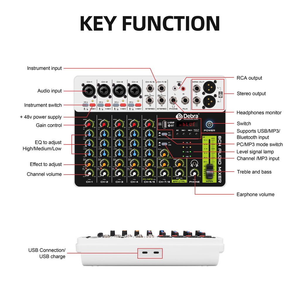 Debra Audio Mixer DJ Console V8 8 Channel 48V Phantom Power USB DJ Console With Sound Card  For PC Recording Singing
