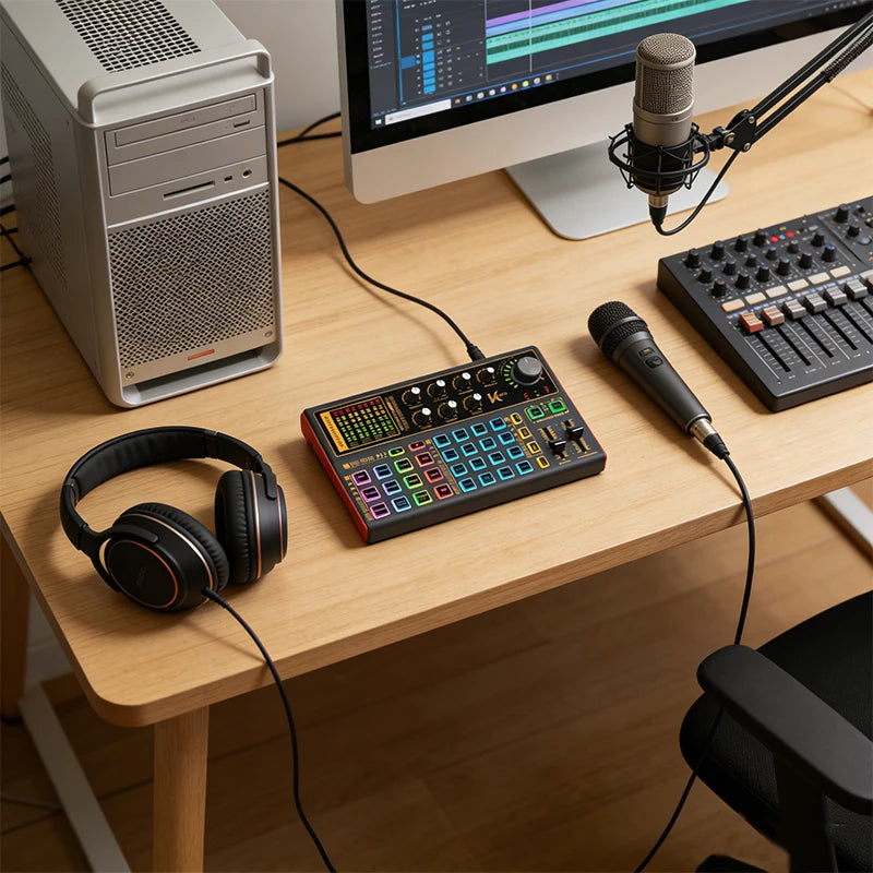 Portable device for computer and mobile live streaming, sound card, product promotion, and karaoke short videos